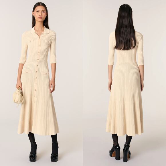 Maje Sequin Knit Midi Dress Ribbed Button-Front Off White 36 US 2-4 - Picture 2 of 11